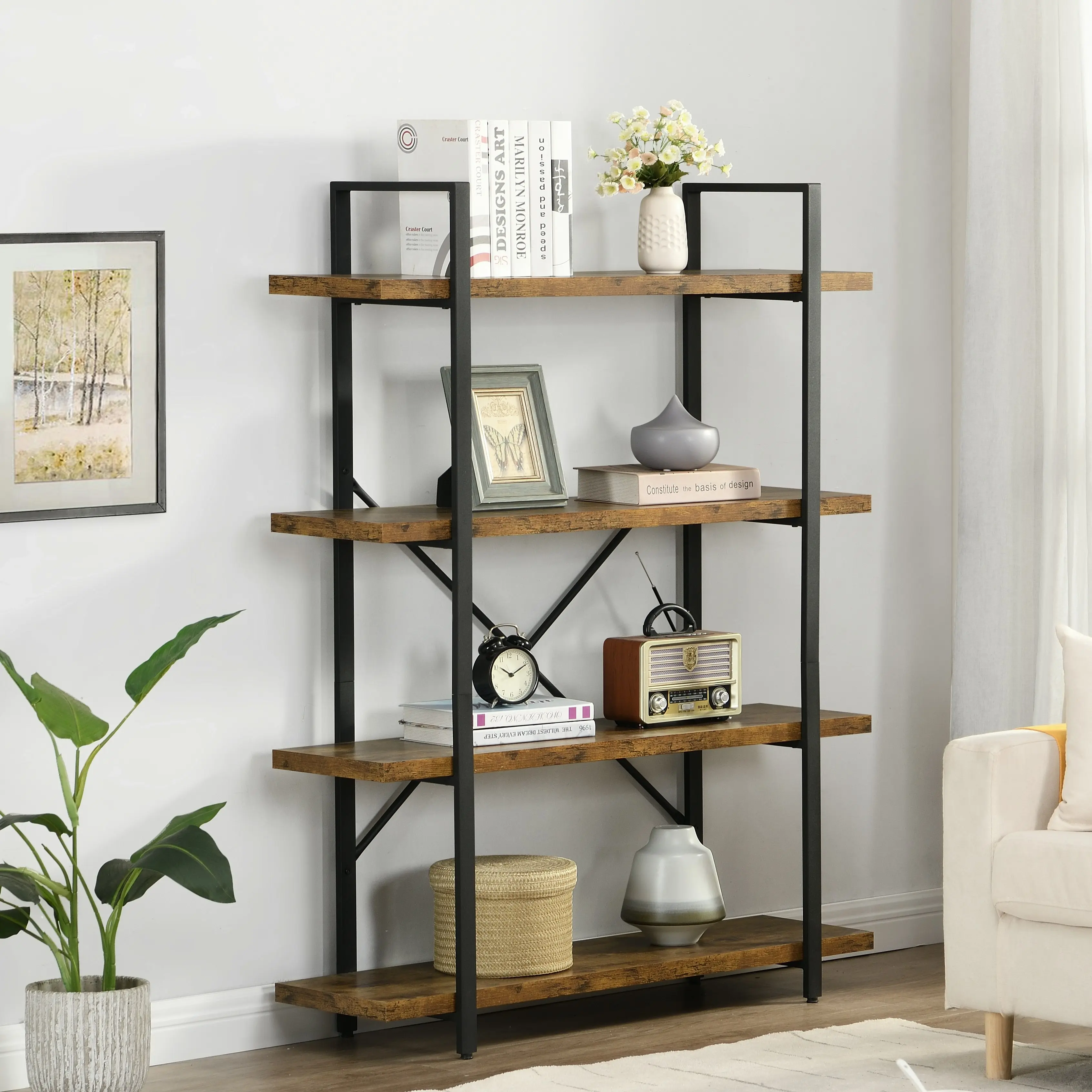 IHOMDEC 4 Tier Industrial Style Bookshelf Dark Brown