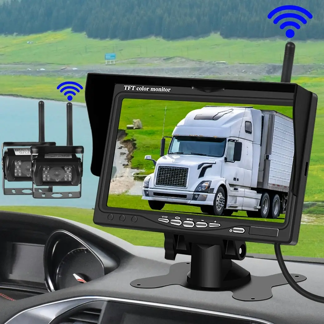 7" Wireless Rear View Monitor +2 WIFI Reverse Camera Caravan Bus Truck 12V 24V