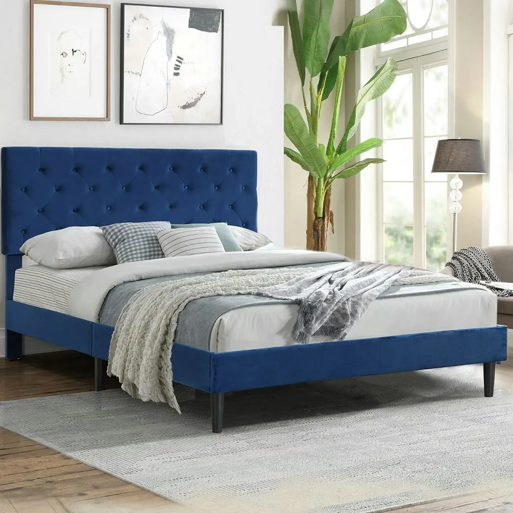 Levede Bed Frame Queen Size Mattress Base Platform Wooden Velvet Headboard Blue