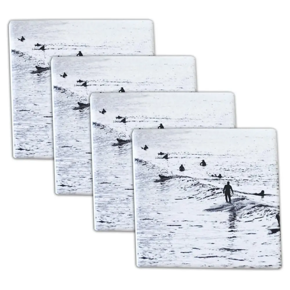 4pc Rayell 10cm Ceramic Square Coasters Black & White Surfers Drink f/ Cup/Mug