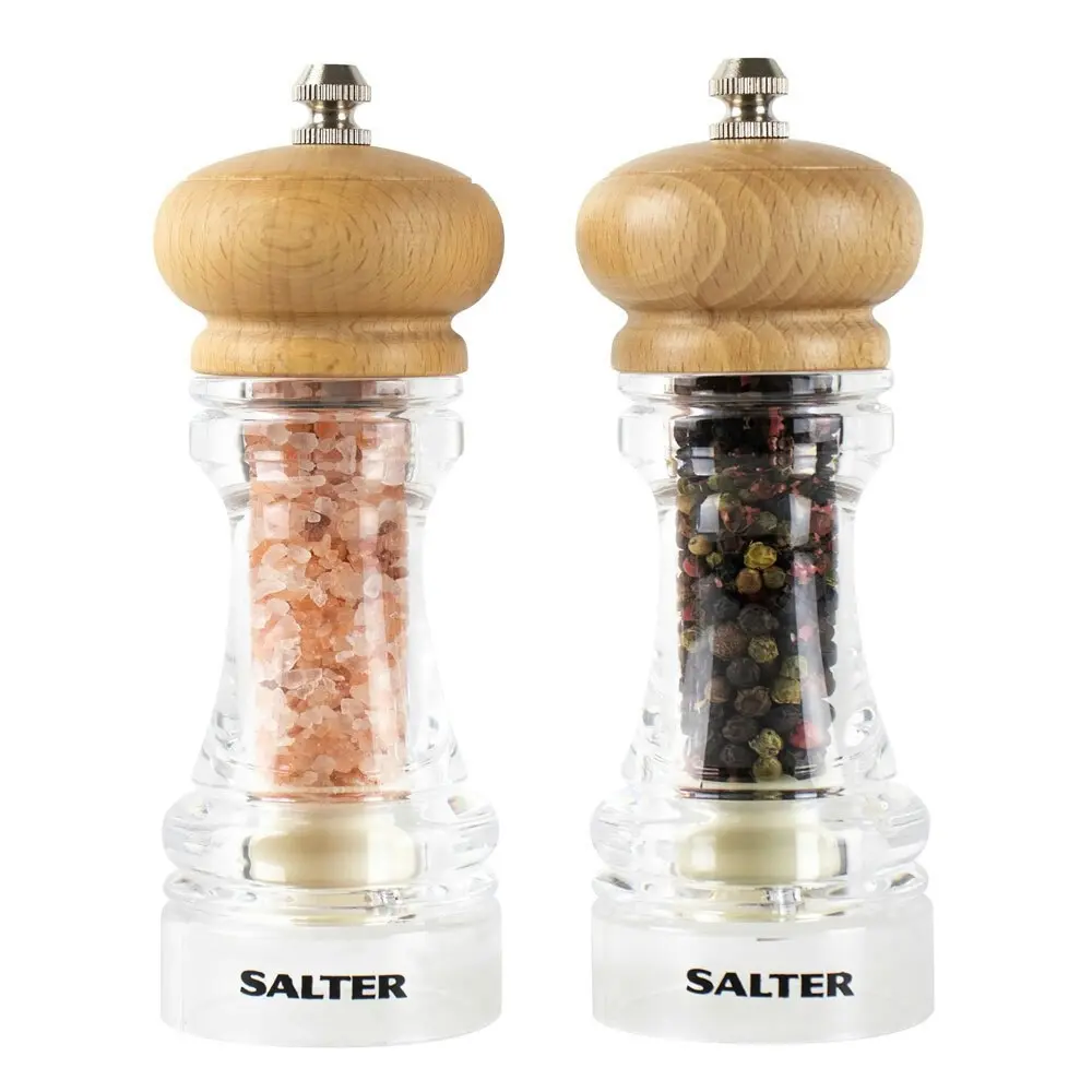 Salter 16cm Beech Wood Kitchen Acrylic Salt & Pepper Mills Grinder Set Clear