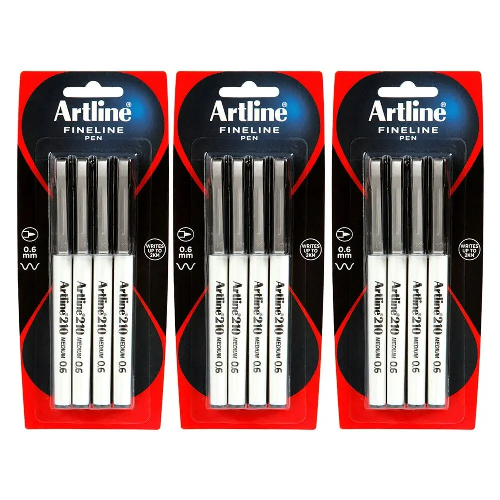 12pc Artline Fineline 210 Medium 0.6mm Line School Drawing Writing Pen Black