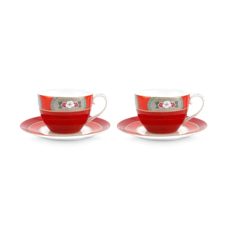 PIP Studio Blushing Birds Porcelain Red Tea Cup and Saucer Set of 2