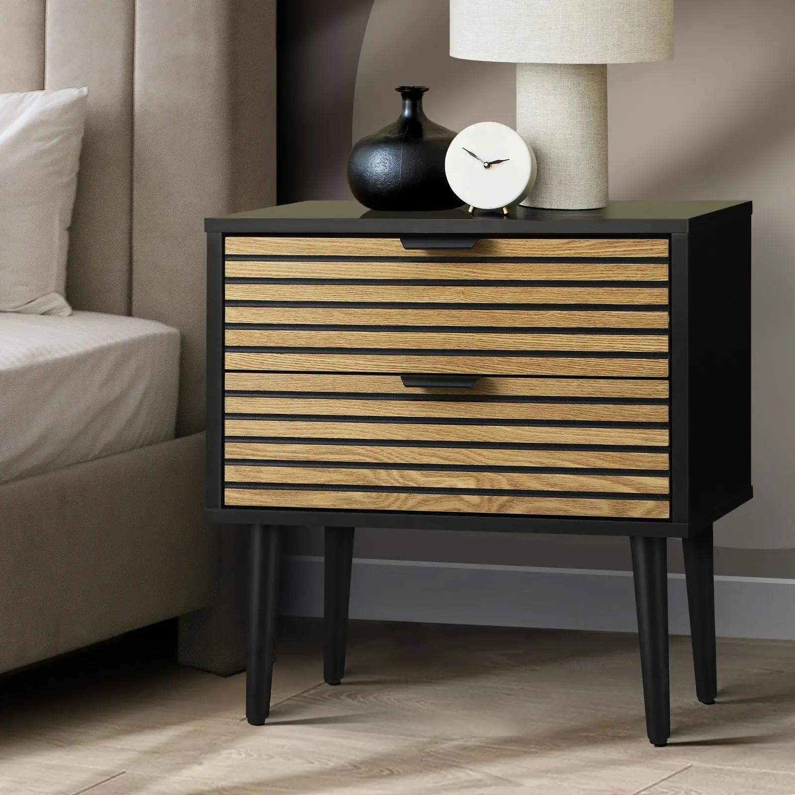 Oikiture Bedside Table 2 Drawers Side Table Bedroom Furniture Storage Unit Black