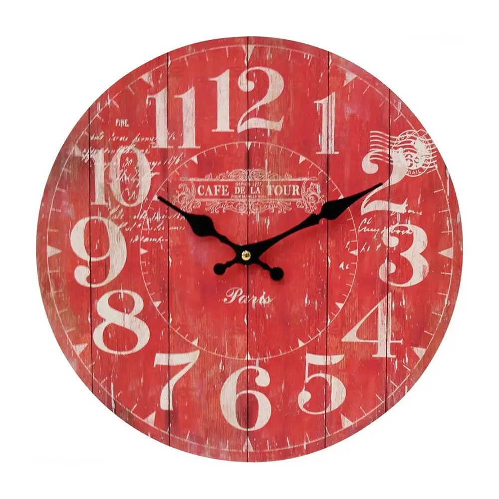 Wall Clock 34cm Time/Quartz/Analogue Home/Room Decoration MDF De La Tour Red