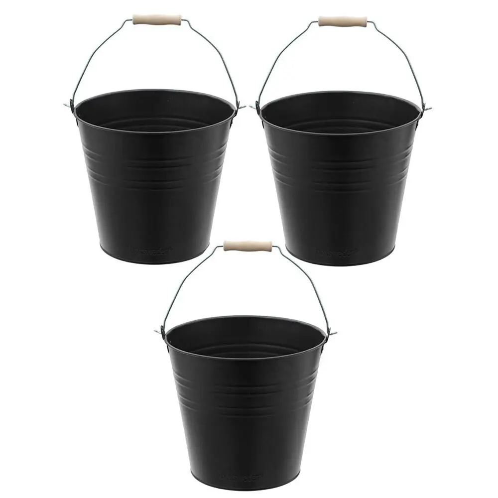 3PK Boxsweden 12L Metal Bucket 30cm Wood Handle Water Storage Container Black