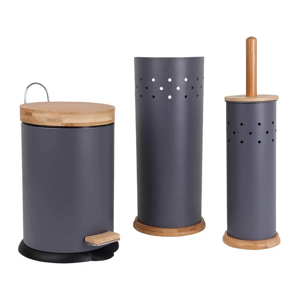 Eco Basics 3in1 Bathroom Toilet/Roll Holder Storage/3L Rubbish Bin Set Charcoal