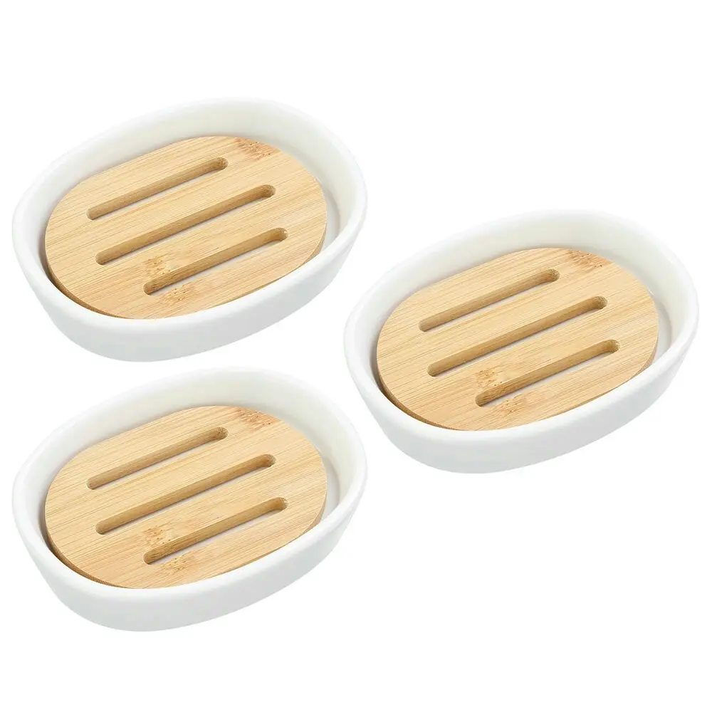 3x Boxsweden Bano 12.5x9.5cm Ceramic Soap Dish Drain Holder w/ Bamboo Base White