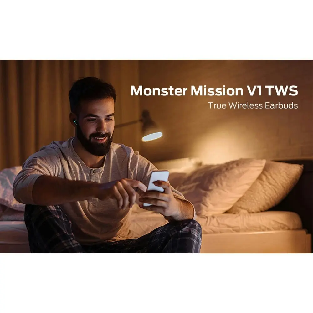 Monster Mission V1 TWS Wireless Bluetooth In-Ear Earbuds/Earphones w/Mic Black