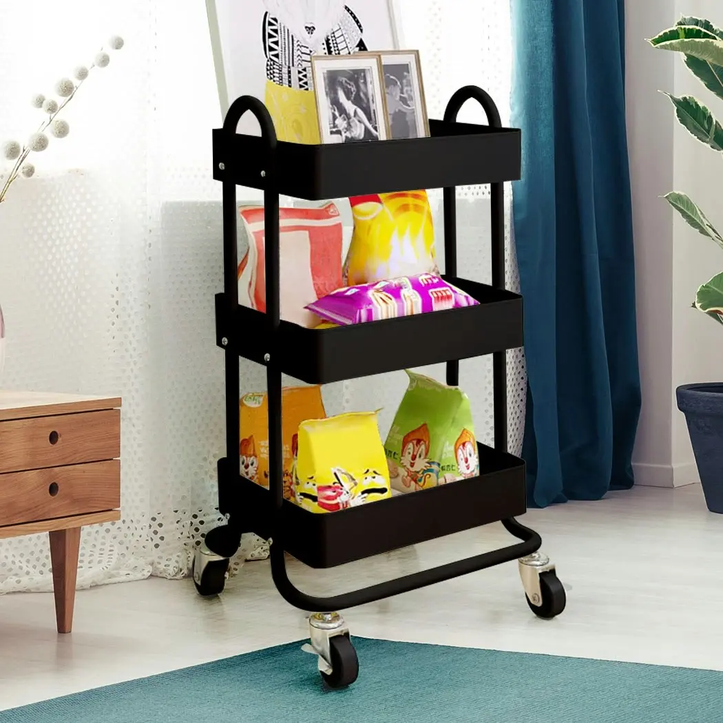 Levede 3 Tiers Kitchen Trolley Cart Steel Storage Rack Shelf Organiser Black