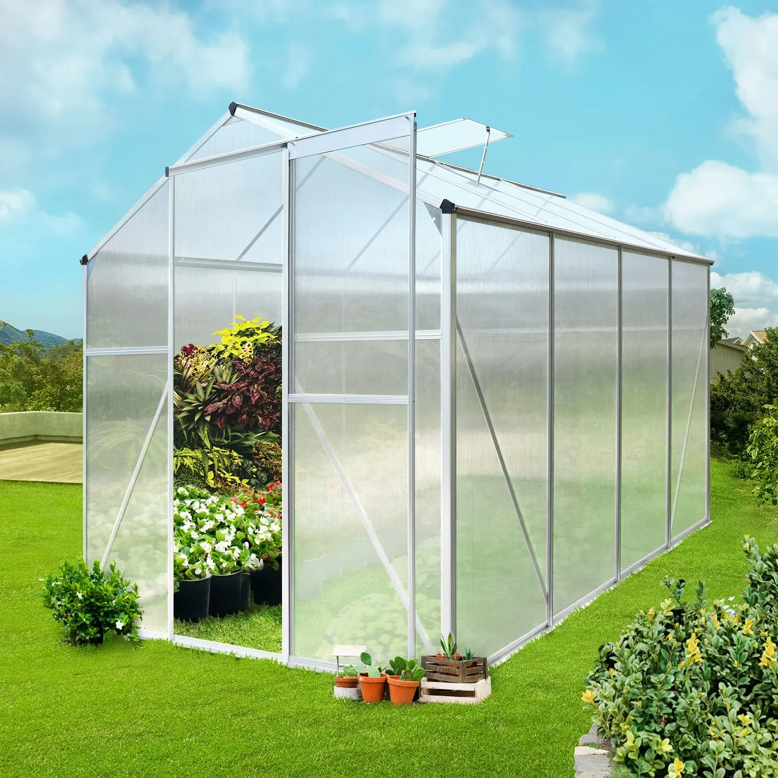 Livsip Greenhouse Aluminium Green House Garden Shed Polycarbonate Walk in 2.52x1.9M