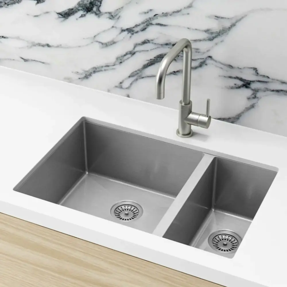 Meir Double Bowl PVD Kitchen Sink 670mm Brushed Nickel MKSP-D670440-NK