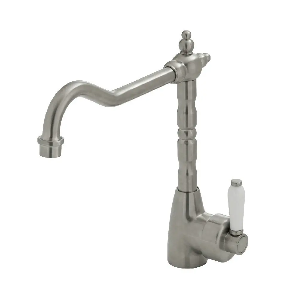 Fienza Eleanor Shepherds Crook SInk Mixer Brushed Nickel with White Ceramic Handle 202105BN