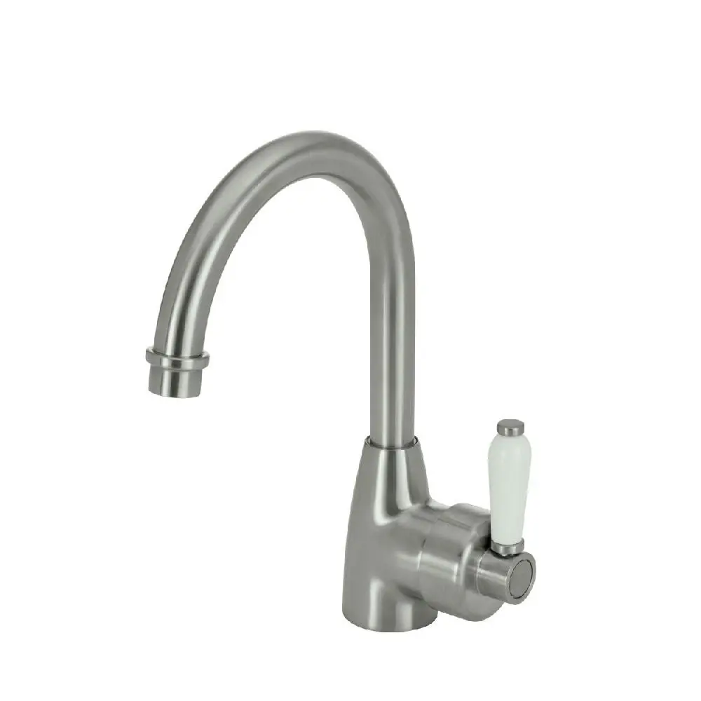 Fienza Eleanor Gooseneck Basin Mixer Brushed Nickel with White Ceramic Handle 202104BN