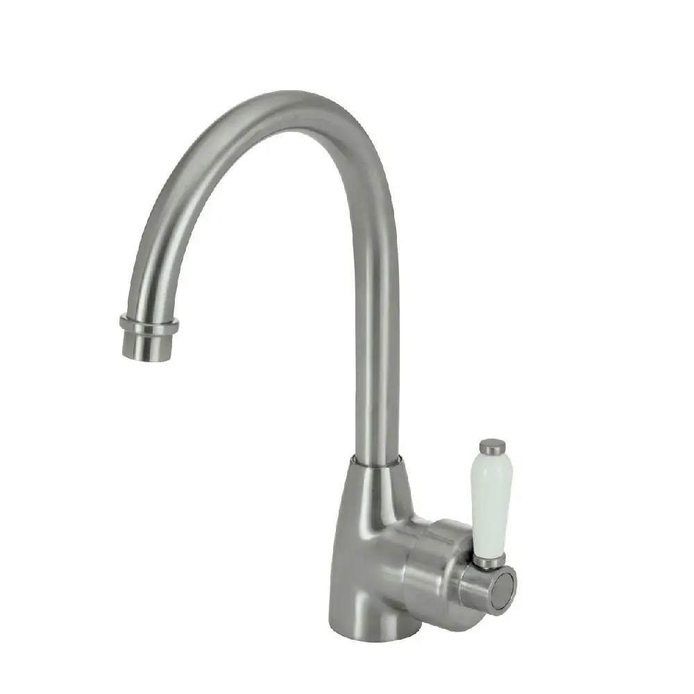 Fienza Eleanor Gooseneck Sink Mixer Brushed Nickel with White Ceramic Handle 202109BN