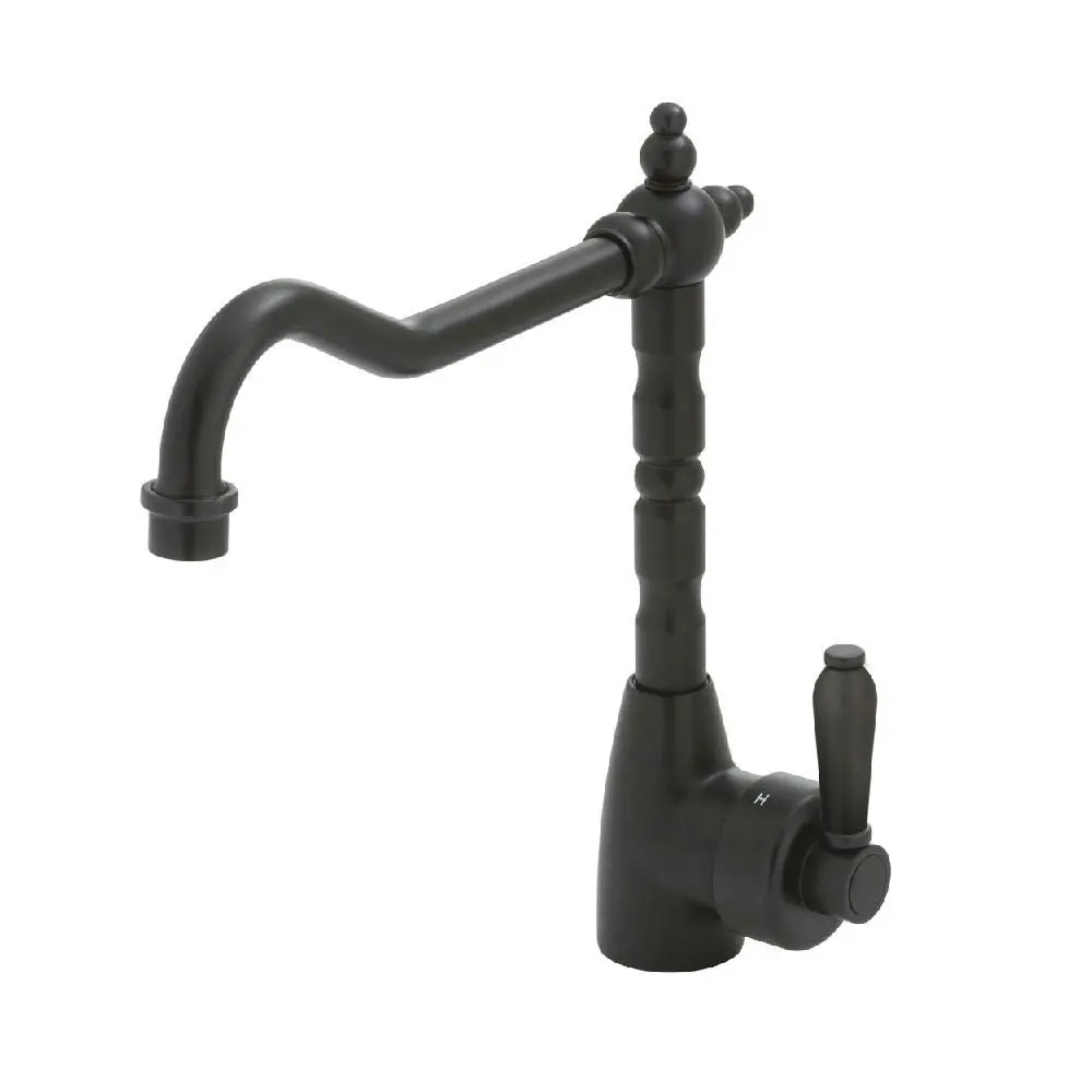 Fienza Eleanor Shepherds Crook Sink Mixer Matte Black with Matte Black Handle 202105BL