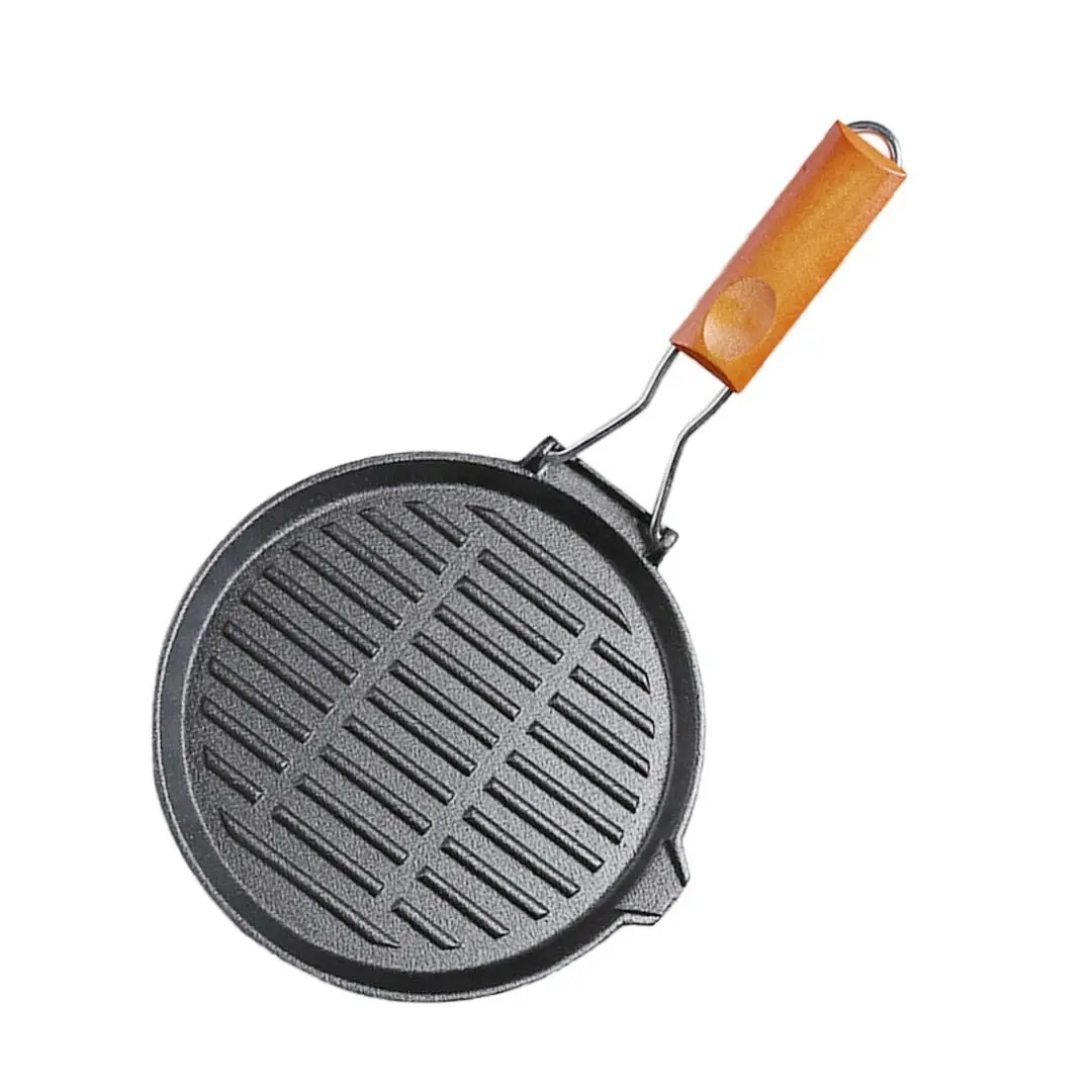 Soga 24cm Round Ribbed Cast Iron Steak Frying Grill Skillet Pan with Folding Wooden Handle