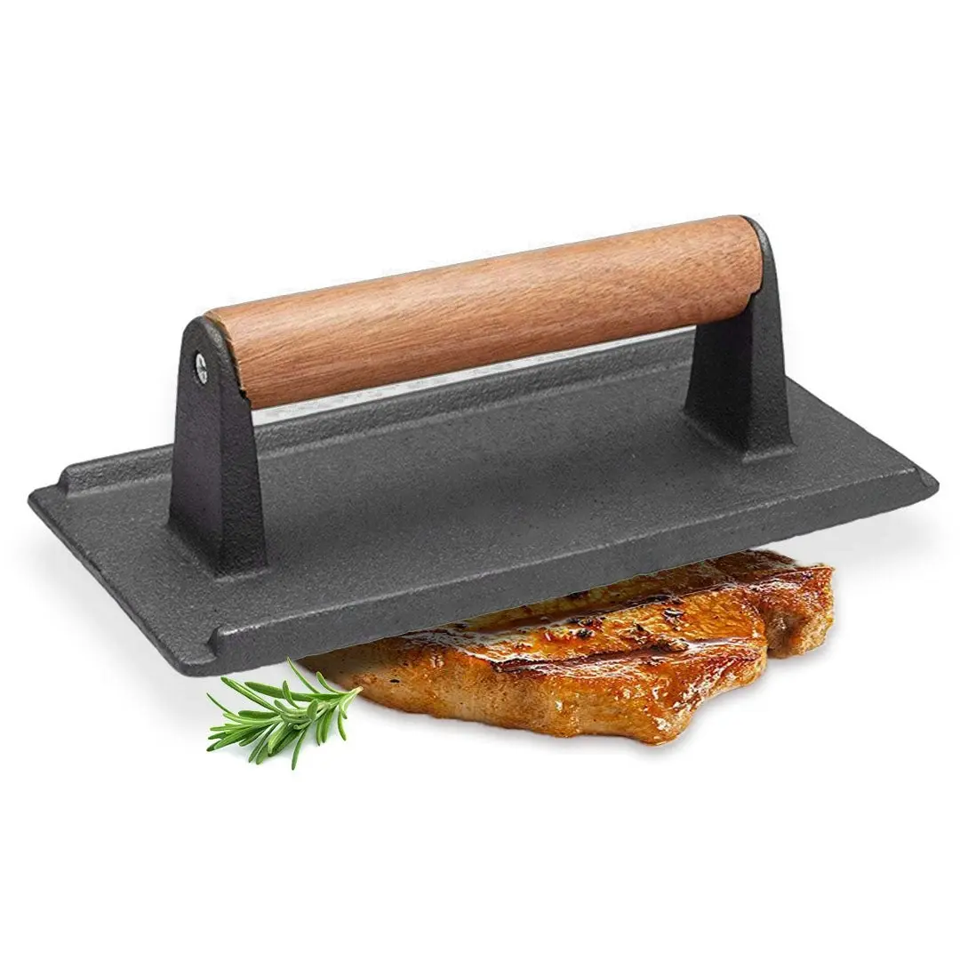 Soga Cast Iron Bacon Meat Steak Press Grill BBQ with Wood Handle Weight Plate