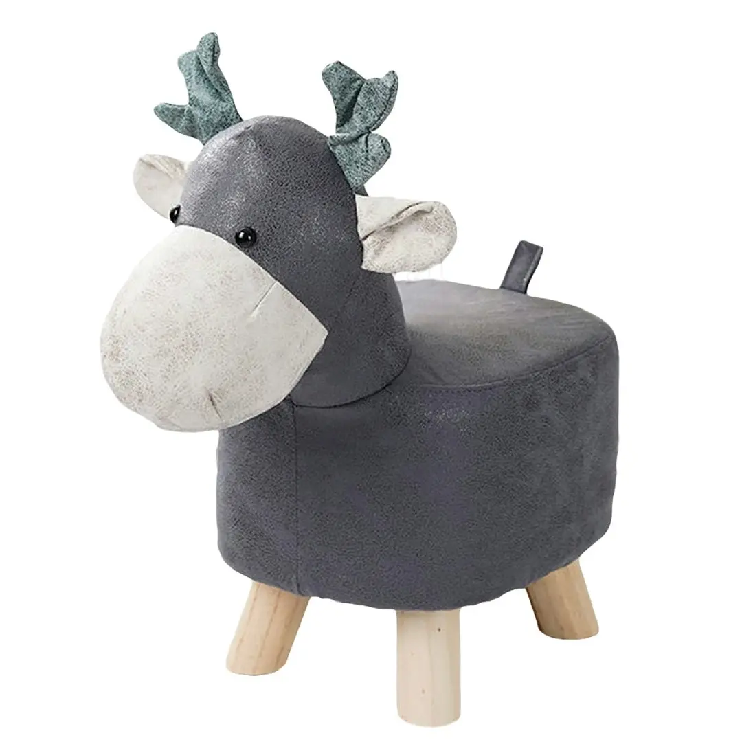 Soga Grey Children Bench Deer Character Round Ottoman Stool Soft Small Comfy Seat Home Decor