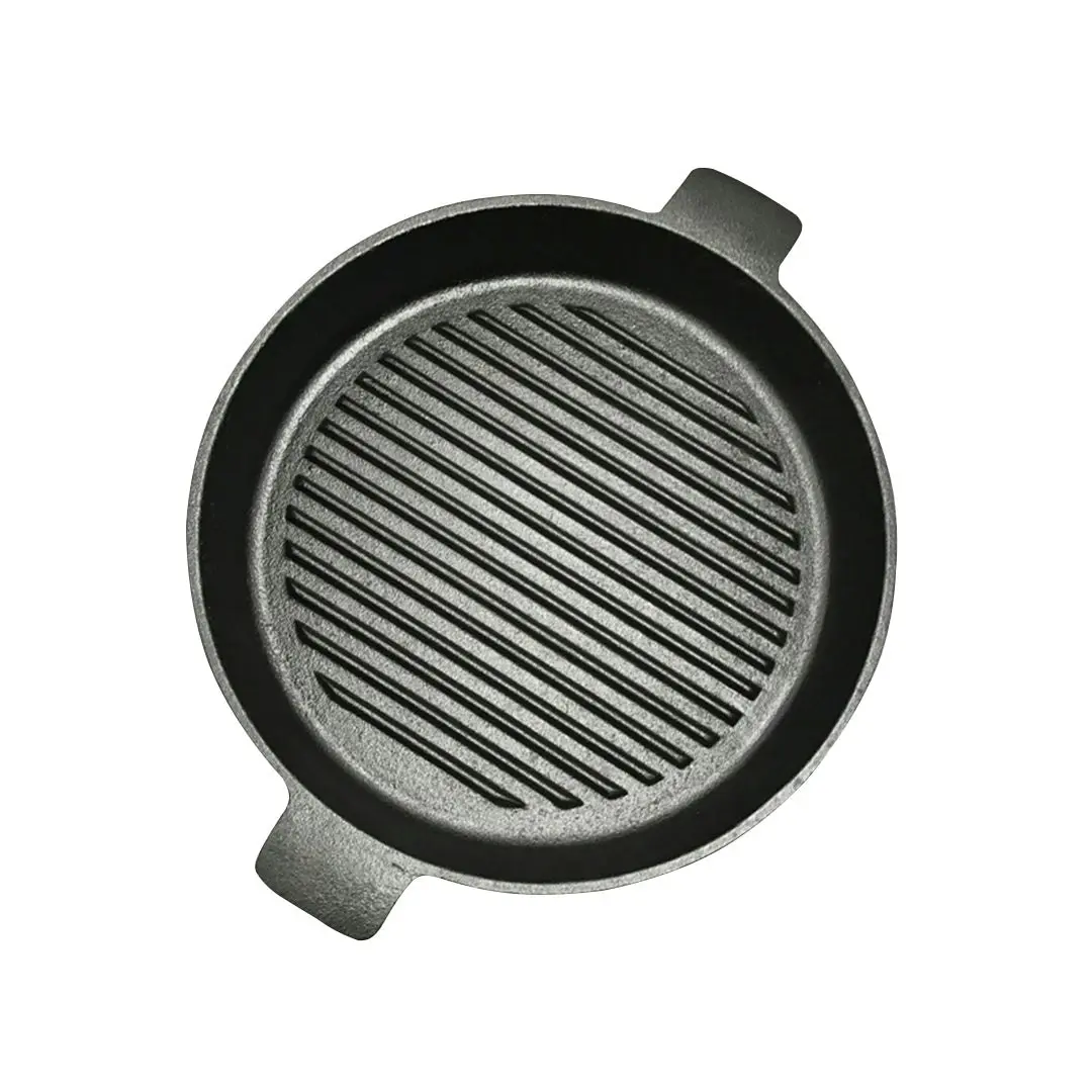 Soga 25cm Round Ribbed Cast Iron Frying Pan Skillet Steak Sizzle Platter with Handle