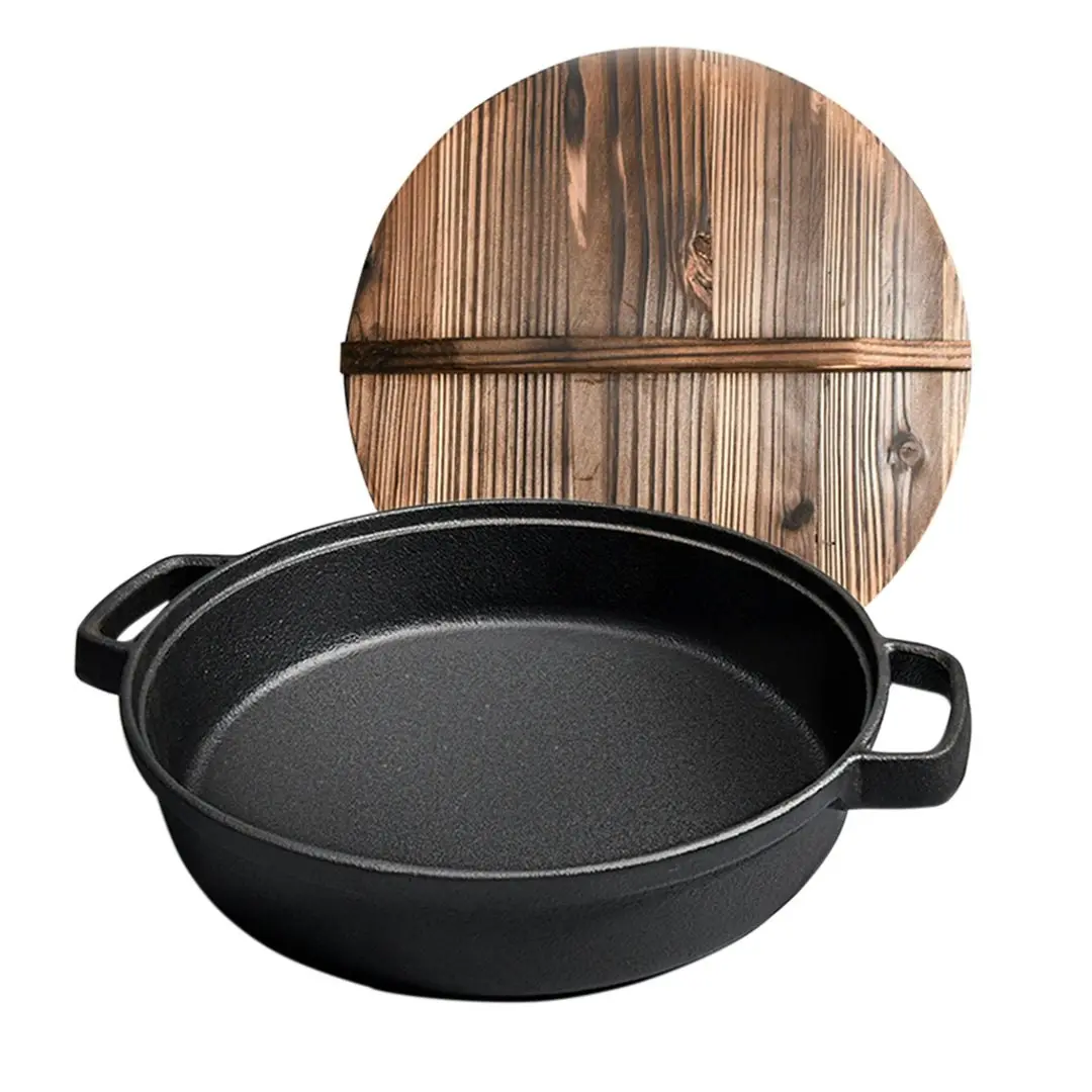 Soga 31cm Round Cast Iron Pre-seasoned Deep Baking Pizza Frying Pan Skillet with Wooden Lid