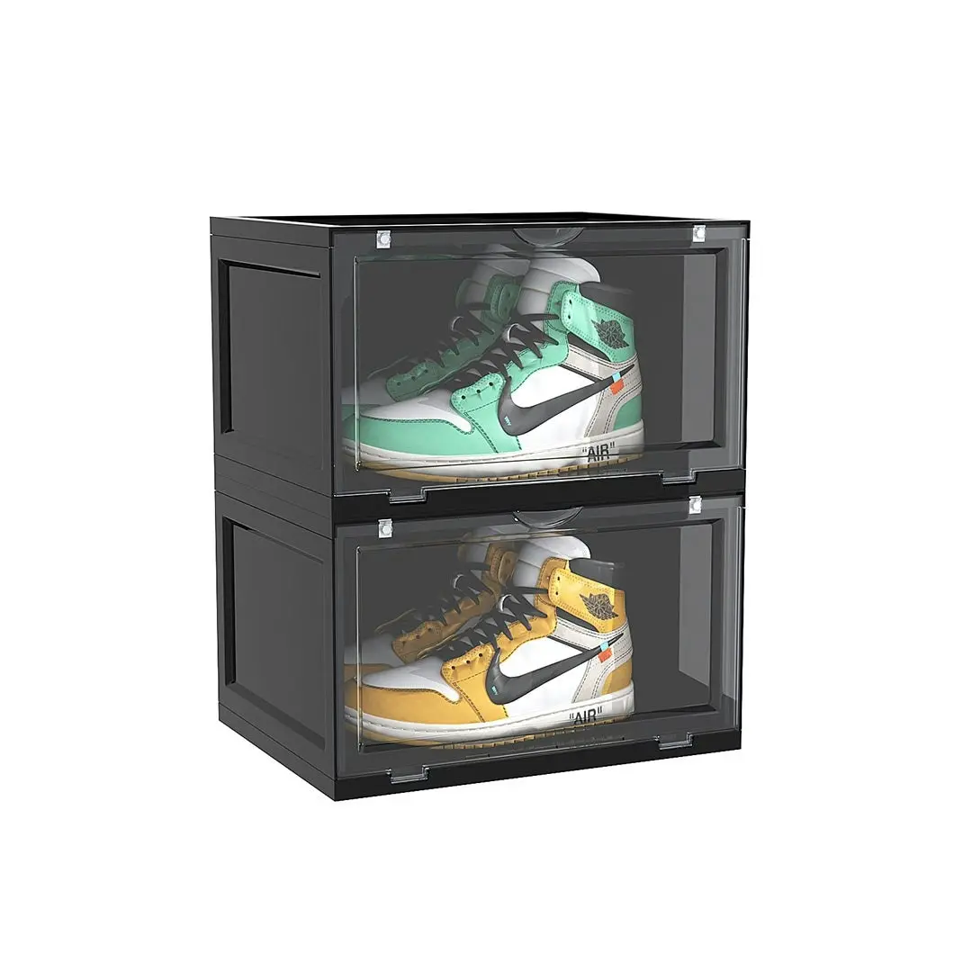 Soga 2 Tier Black Portable Shoe Organiser Sneaker Footwear Folding Plastic Bin Stackable Storage Box with Magnetic Door