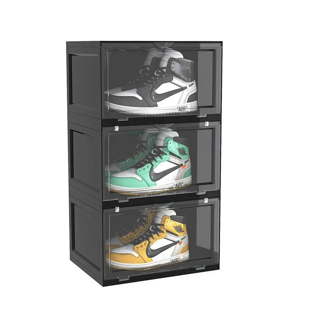 Soga 3 Tier Black Portable Shoe Organiser Sneaker Footwear Folding Plastic Bin Stackable Storage Box with Magnetic Door