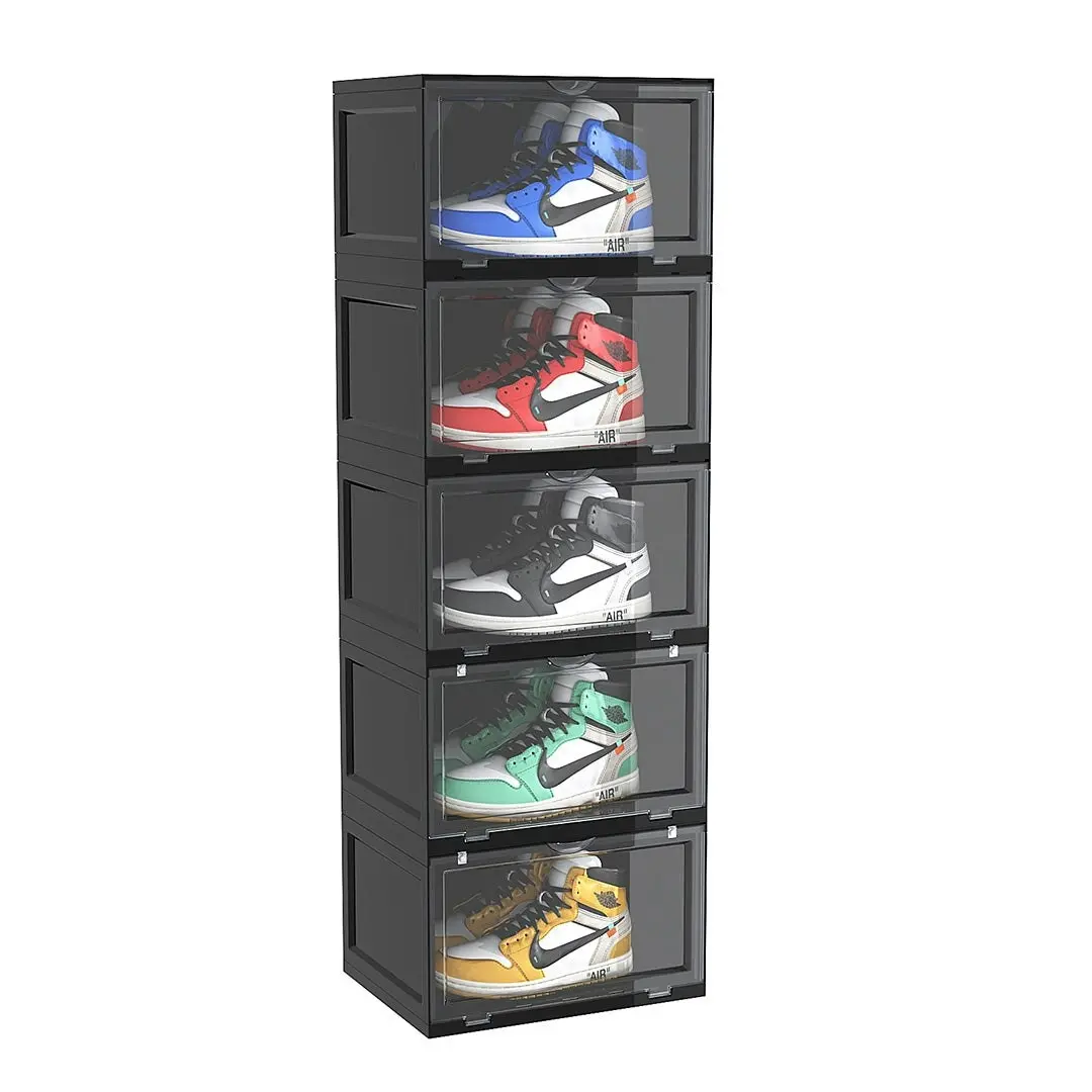 Soga 5 Tier Black Portable Shoe Organiser Sneaker Footwear Folding Plastic Bin Stackable Storage Box with Magnetic Door