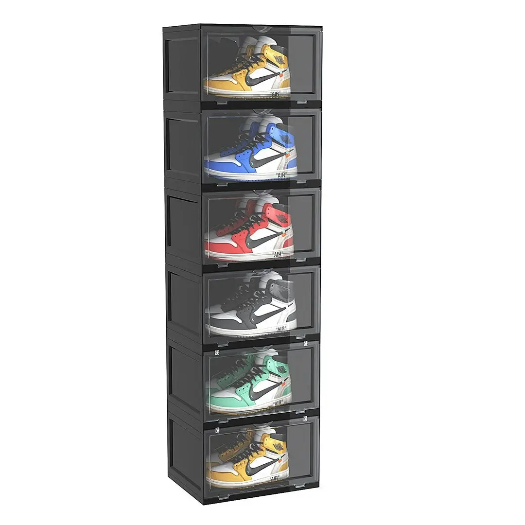 Soga 6 Tier Black Portable Shoe Organiser Sneaker Footwear Folding Plastic Bin Stackable Storage Box with Magnetic Door