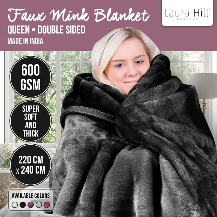 Laura Hill 600gsm Large Double Sided Queen Faux Mink Blanket   Black