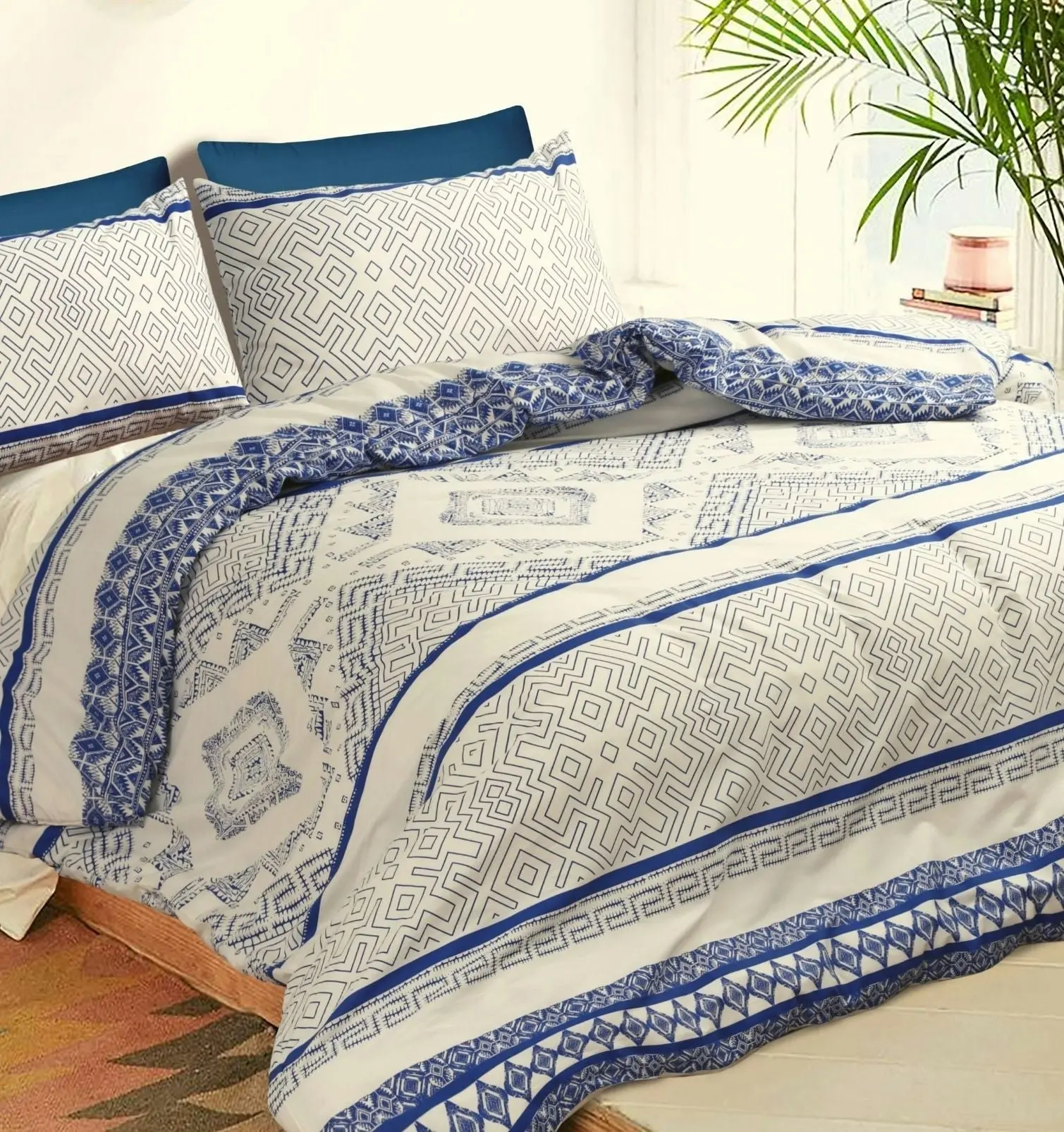 Amsons 100% Cotton Quilt Cover Set - Hampton - Cream/Blue with extra pillowcase pair