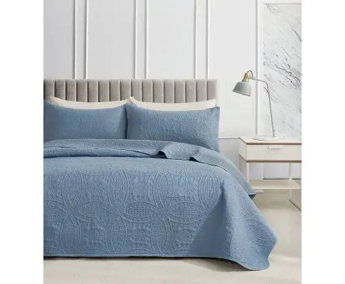 Gioia Casa Lisbon Quilted 3 Pieces Embossed Coverlet Set - BLUE