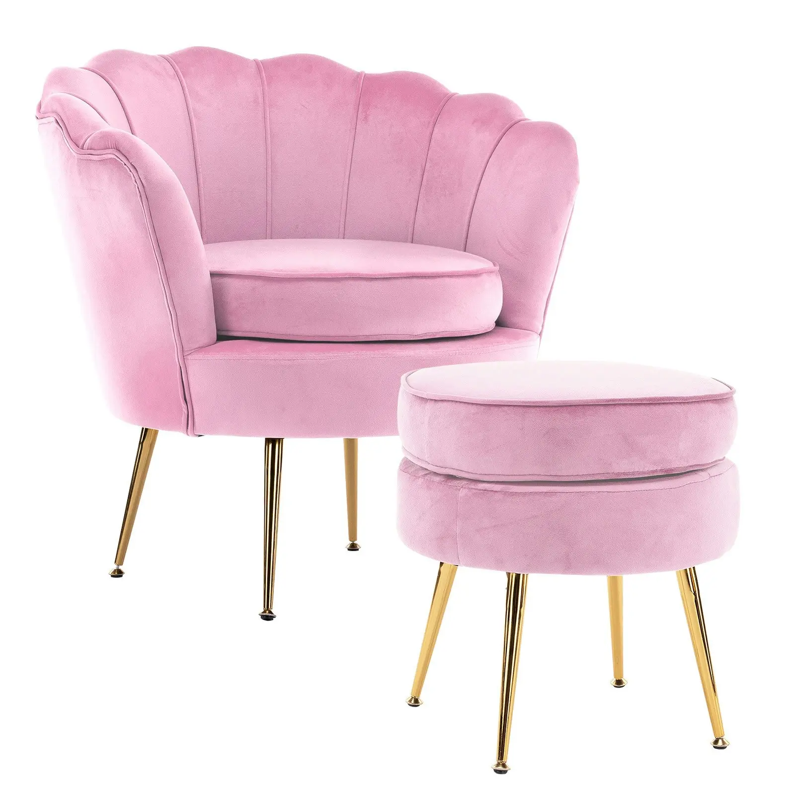 Armchair Velvet Shell Scallop + Ottoman Foot Stool - PINK