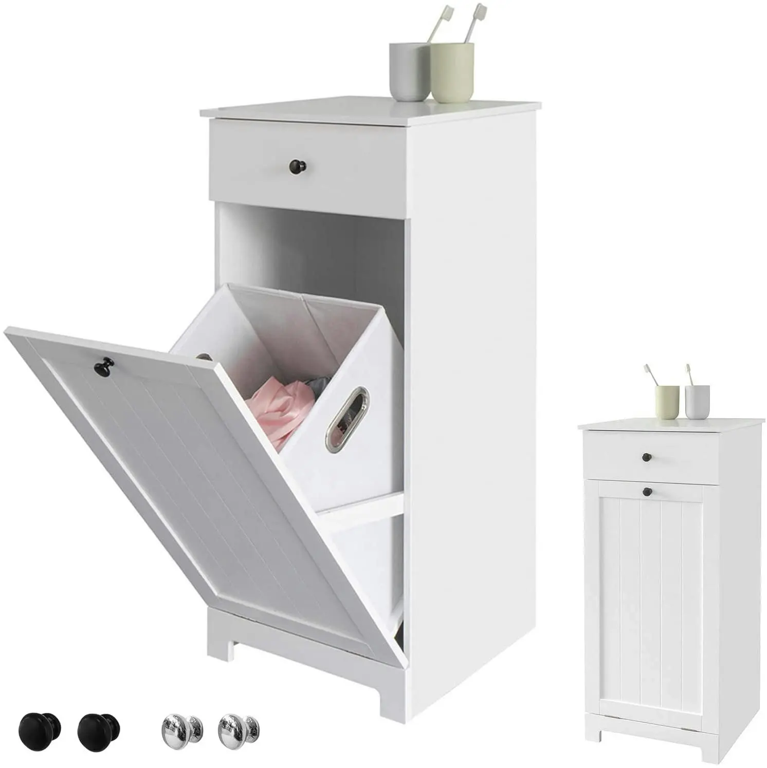 VIKUS White Bathroom Cabinet with Laundry Basket and Drawer