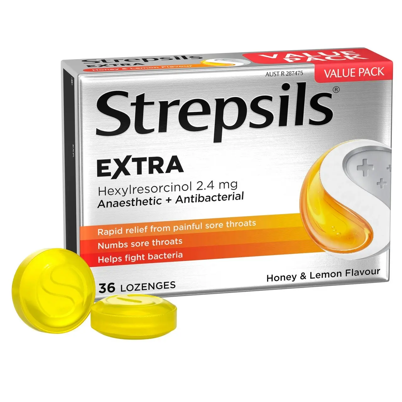 Strepsils Extra Honey and Lemon Fast Numbing Sore Throat Pain Relief with Anaesthetic Lozenges 36pk