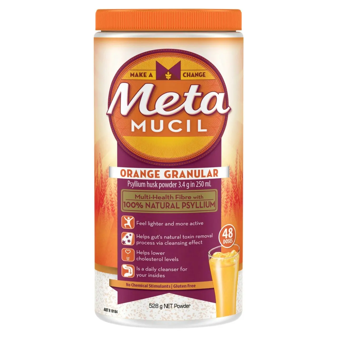 Metamucil Multi-Health Fibre with 100% Psyllium Natural Psyllium Orange Granular 48 dose