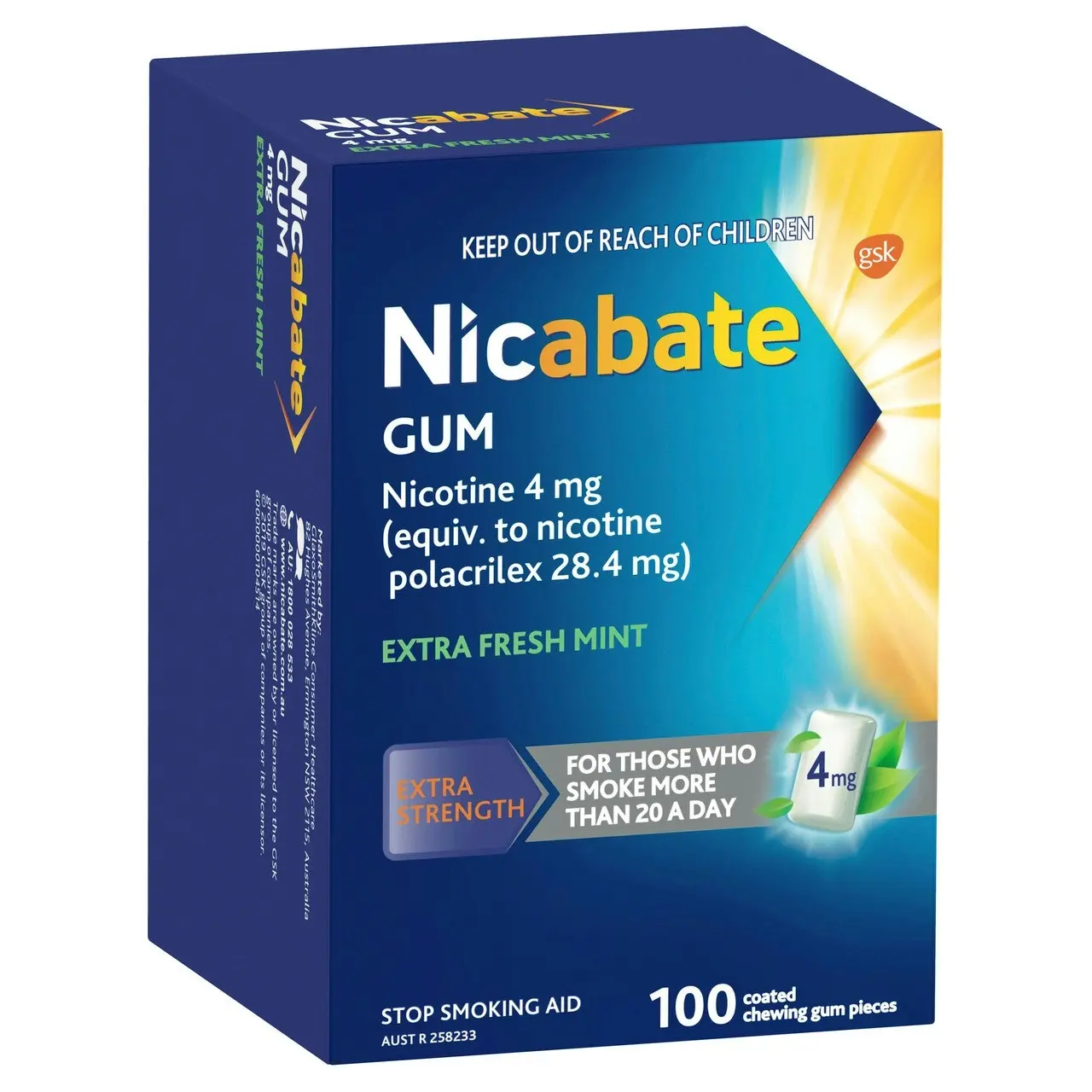 Nicabate Gum Stop Smoking Nicotine 4mg Extra Strength Extra Fresh Mint Coated Chewing Gum 100 Pack