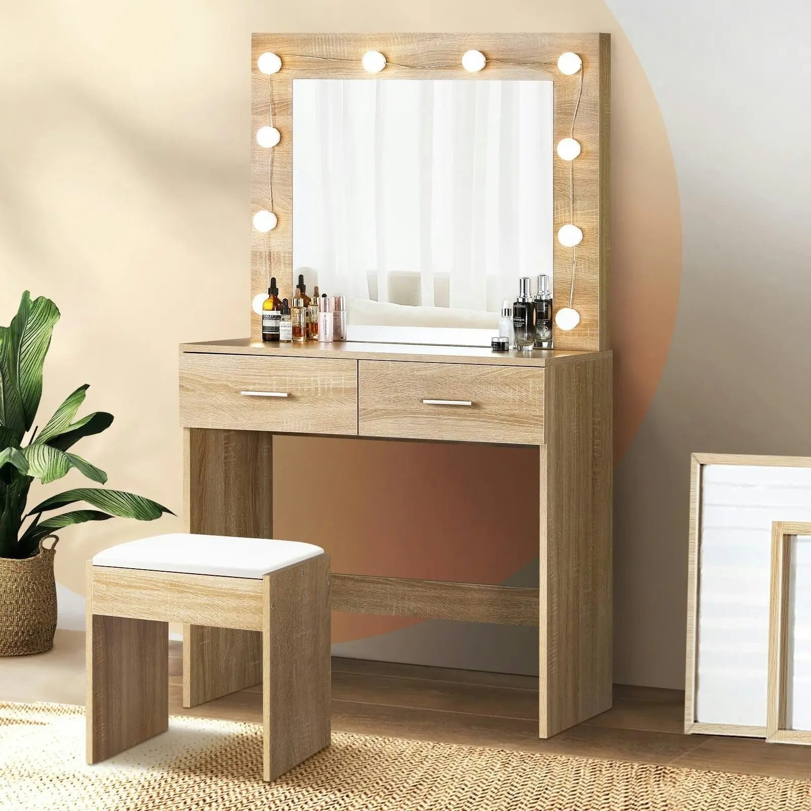 Oikiture Dressing Table Stool Set Makeup Mirror Storage Desk 10 LED Bulbs Wooden