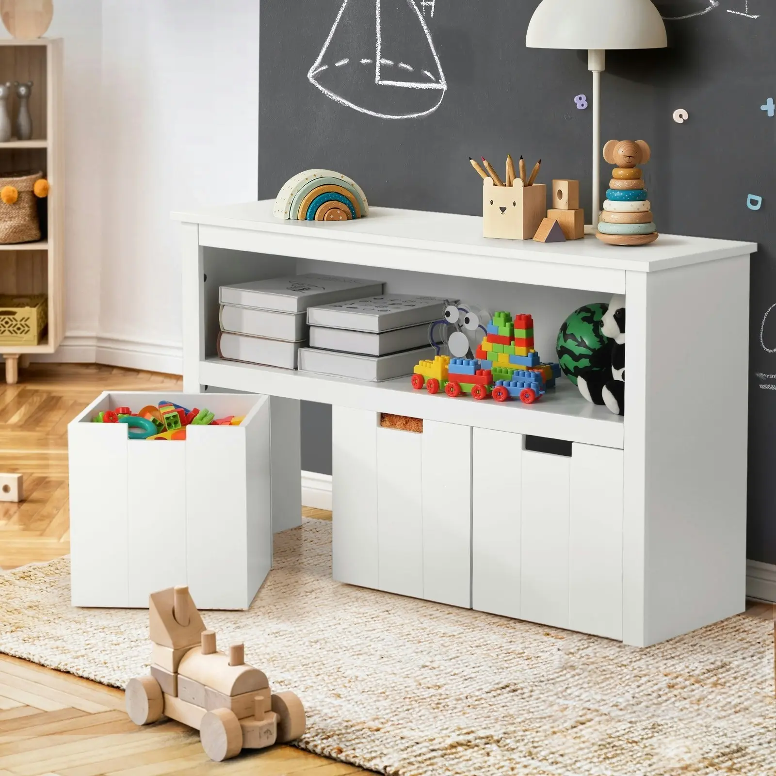 Oikiture Wooden Kids Toy Storage Cabinet Bookshelf With Portable Storage Box