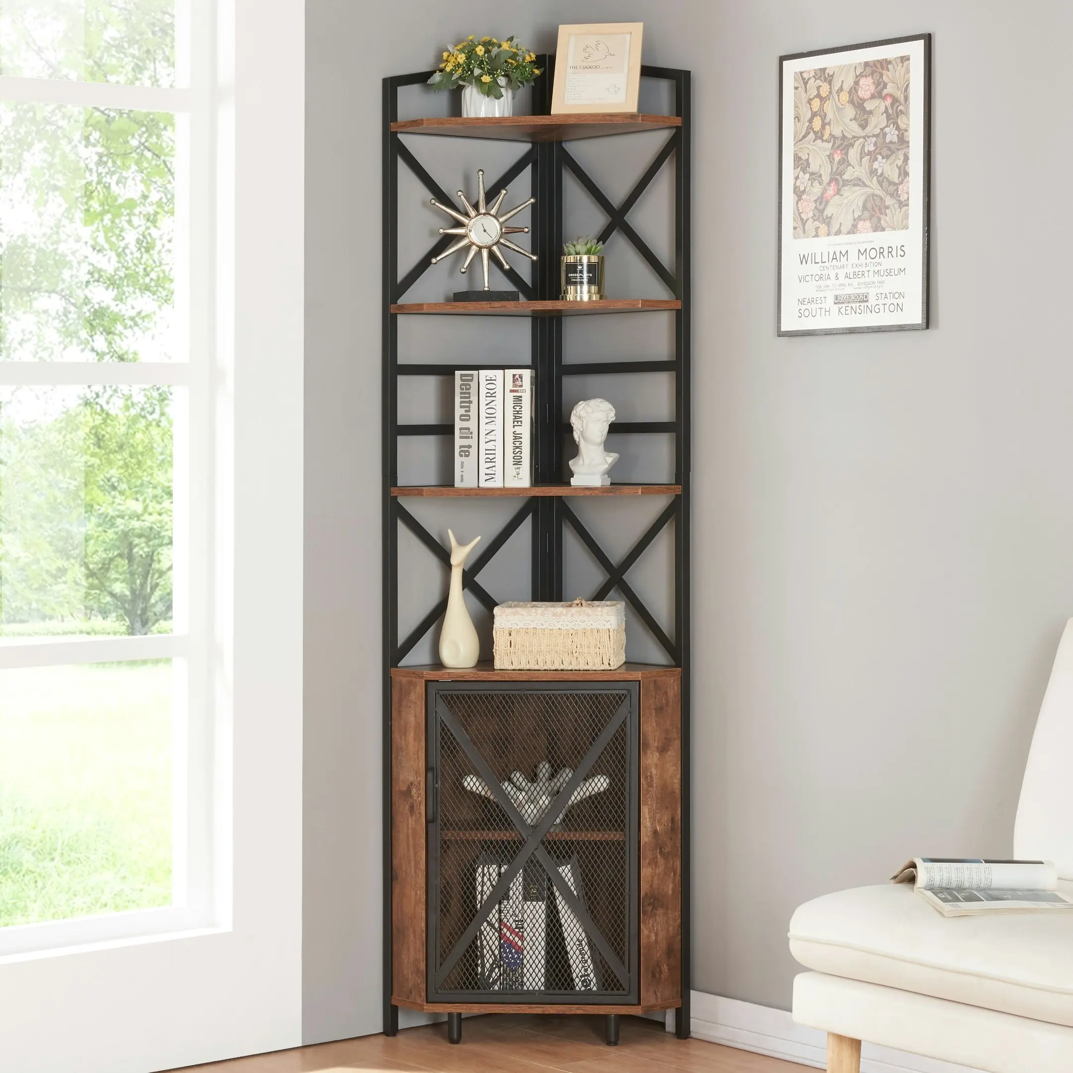 HLIVING Corner Shelf 6-Tier with Storage,Corner Bookshelf Stand Storage Rack Plant Stand，Rustic Brown