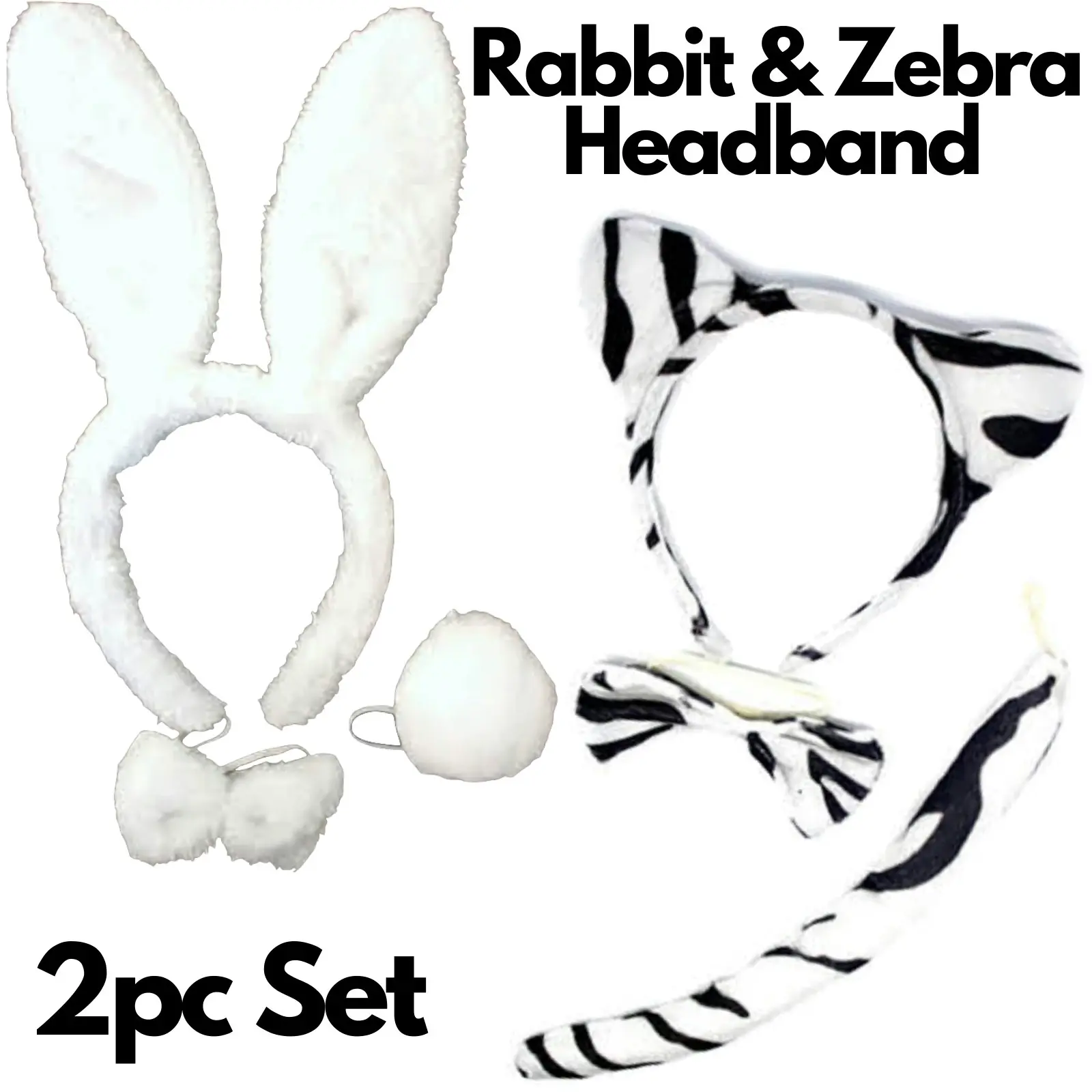 2pc Set Animal Headband w Bow Tail Rabbit + Zebra Ears Costume Halloween Party