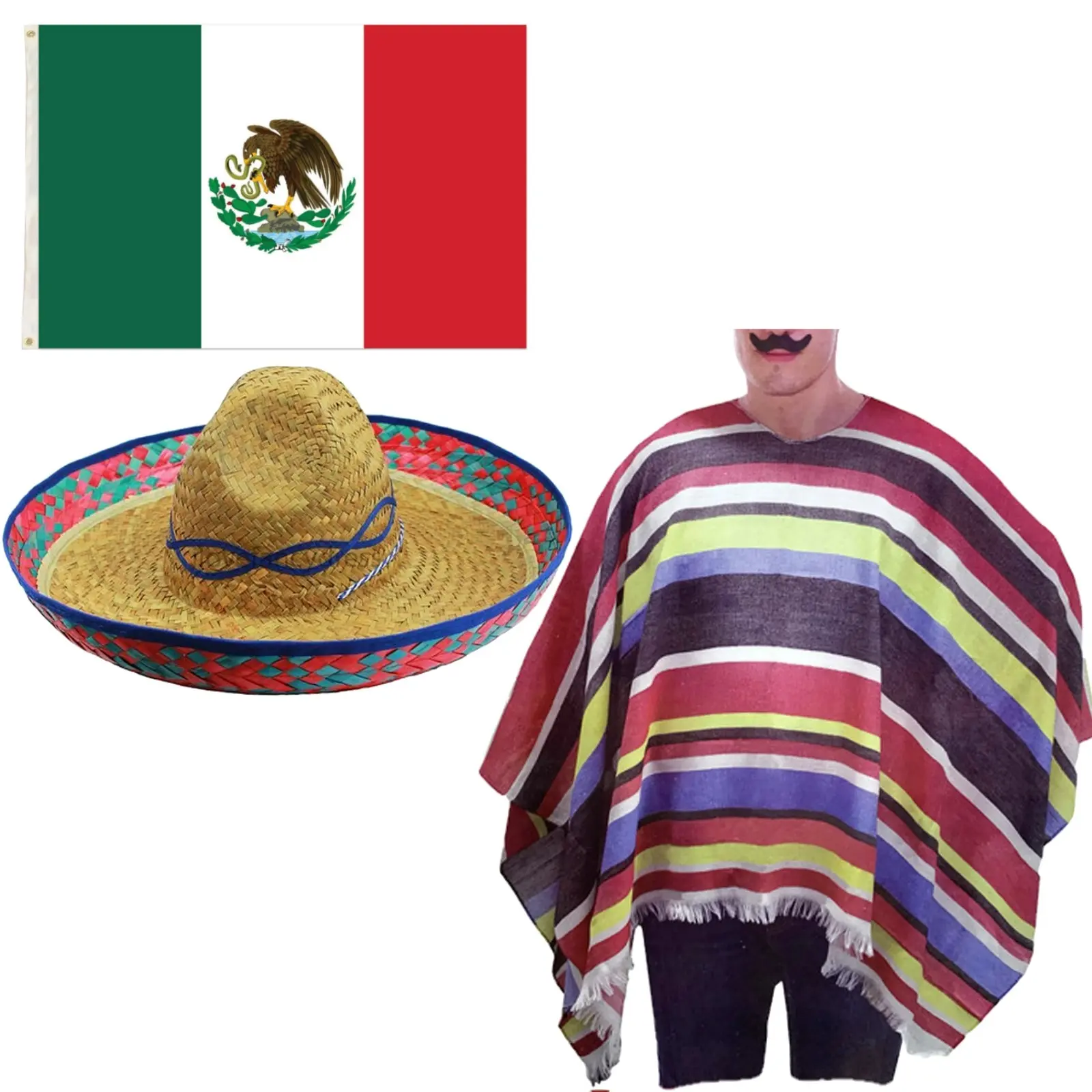 3pc Set Mexican Flag + Poncho + Sombrero Set Costume Wild West Cowboy Party