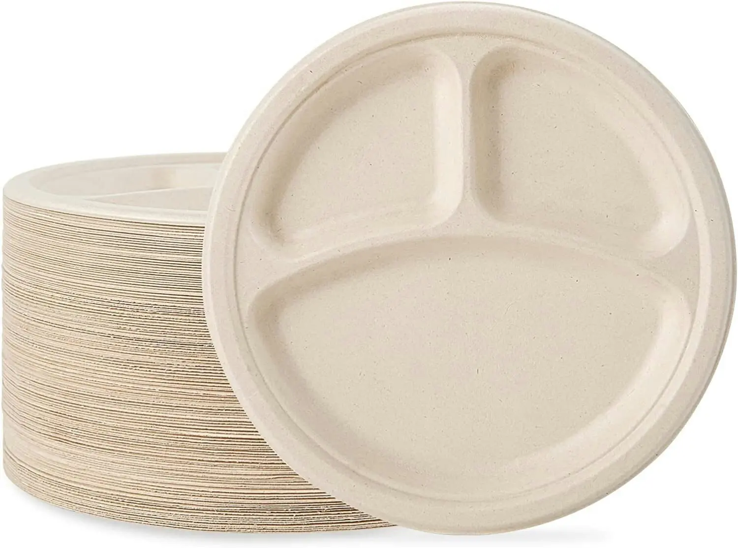 600pcs Disposable Sugarcane Bagasse 3-Compartment Paper Plates 26cm Bulk