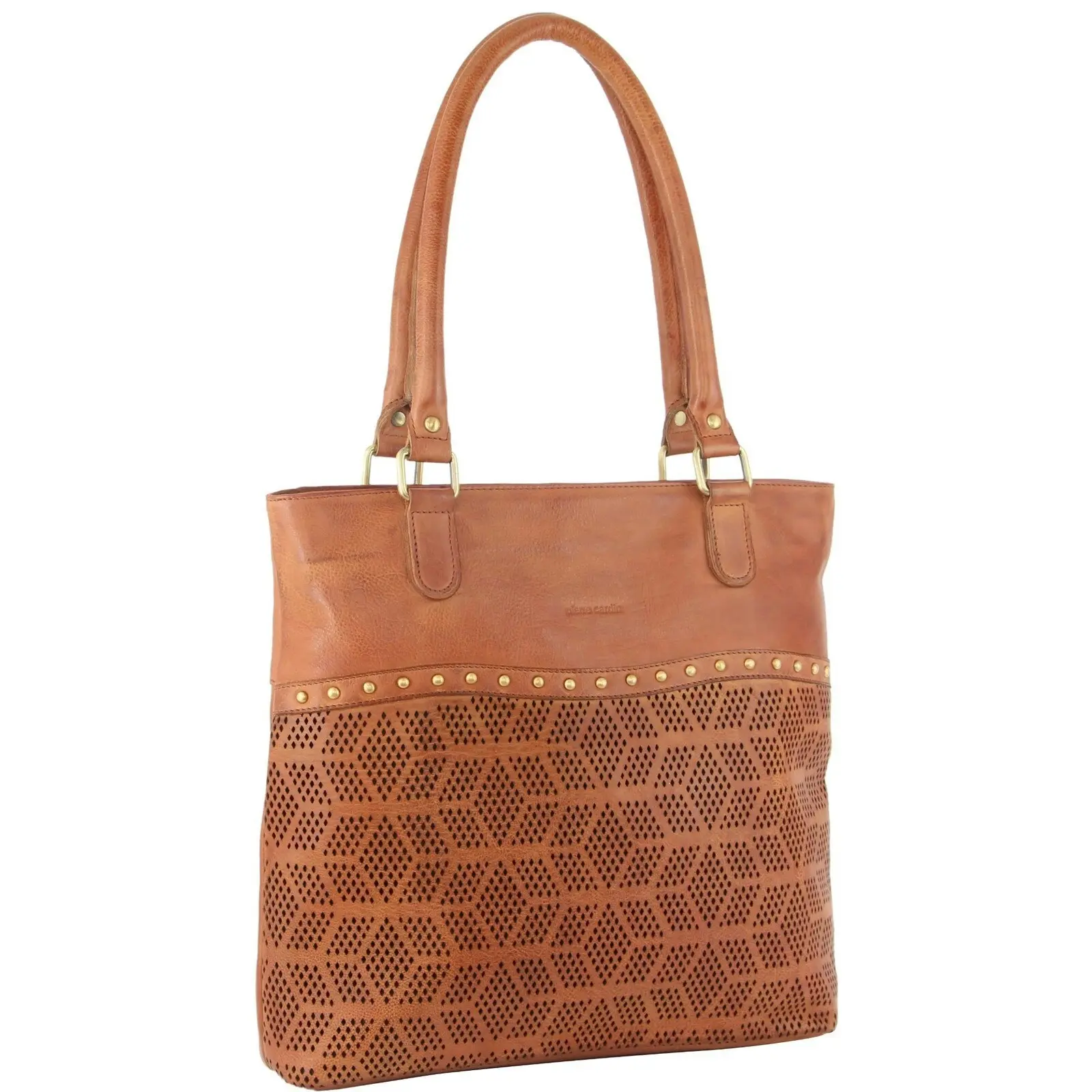 Pierre Cardin Womens Leather Perforated Shoulder Bag with stud Detailing - Cognac