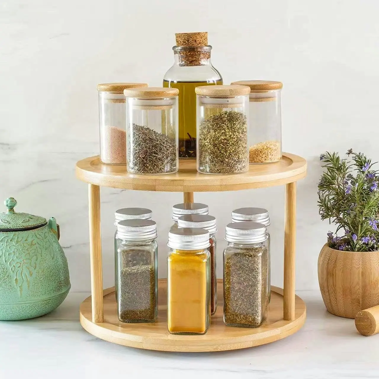 Lazy Susan 2 Tier Rotating Spice Rack Turnable Kitchen Shelf Bamboo Organiser