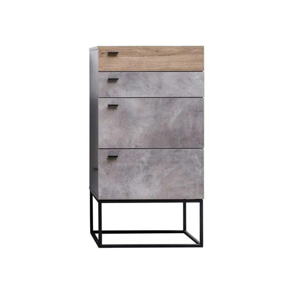 Design Square Modern 4-Drawer Chest of Drawers TallBoy - Black Metal Legs - Dark Oak / Cement Grey