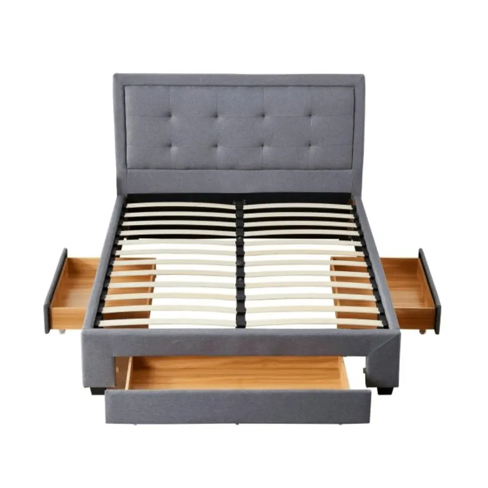 Design Square Designer Fabric Modern Bed Frame W/ Headboard & 3-Drawers Queen Size - Dark Grey