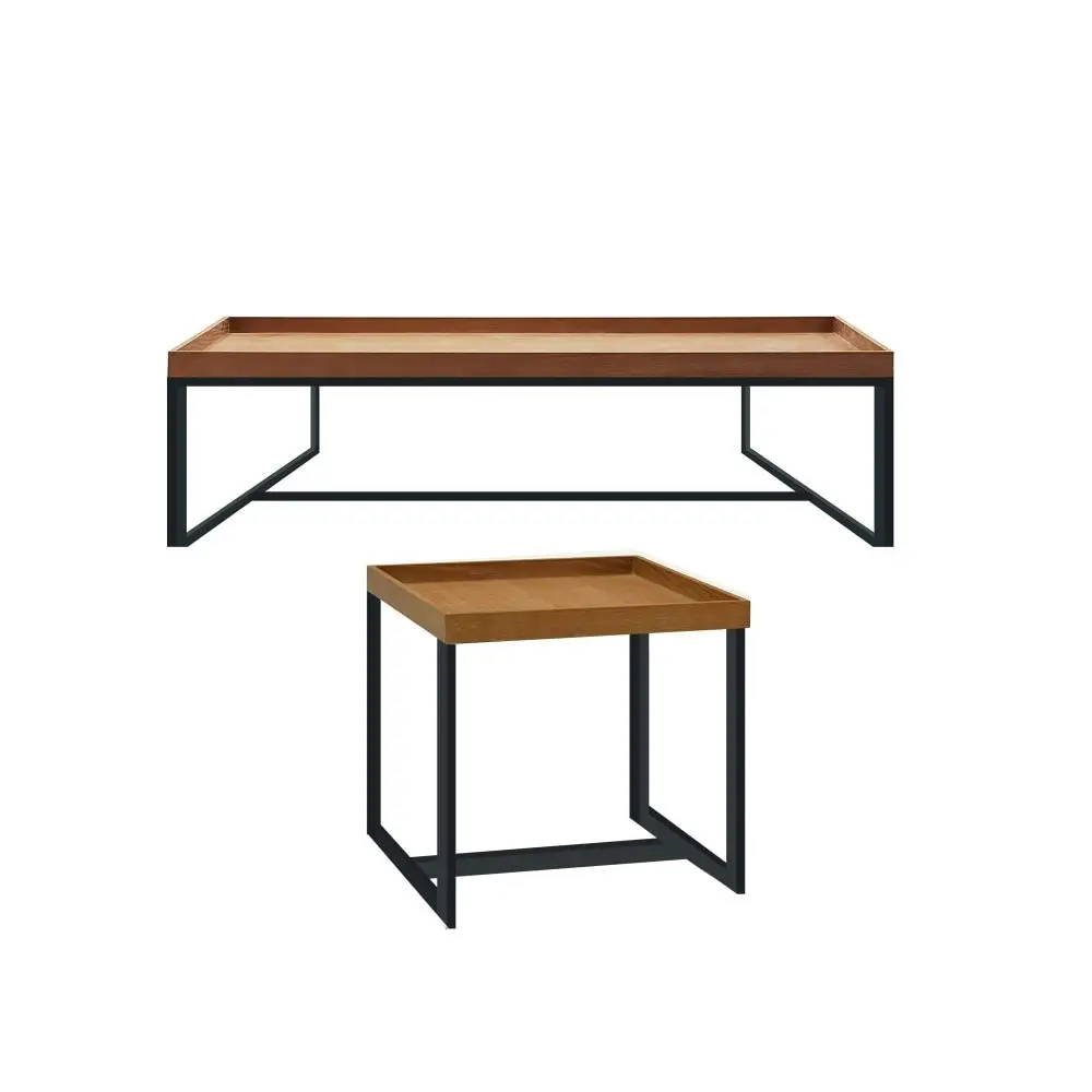 HomeStar Regent Coffee & Lamp Side Table Set Black Powdercoated Metal Legs - Oak Veneer