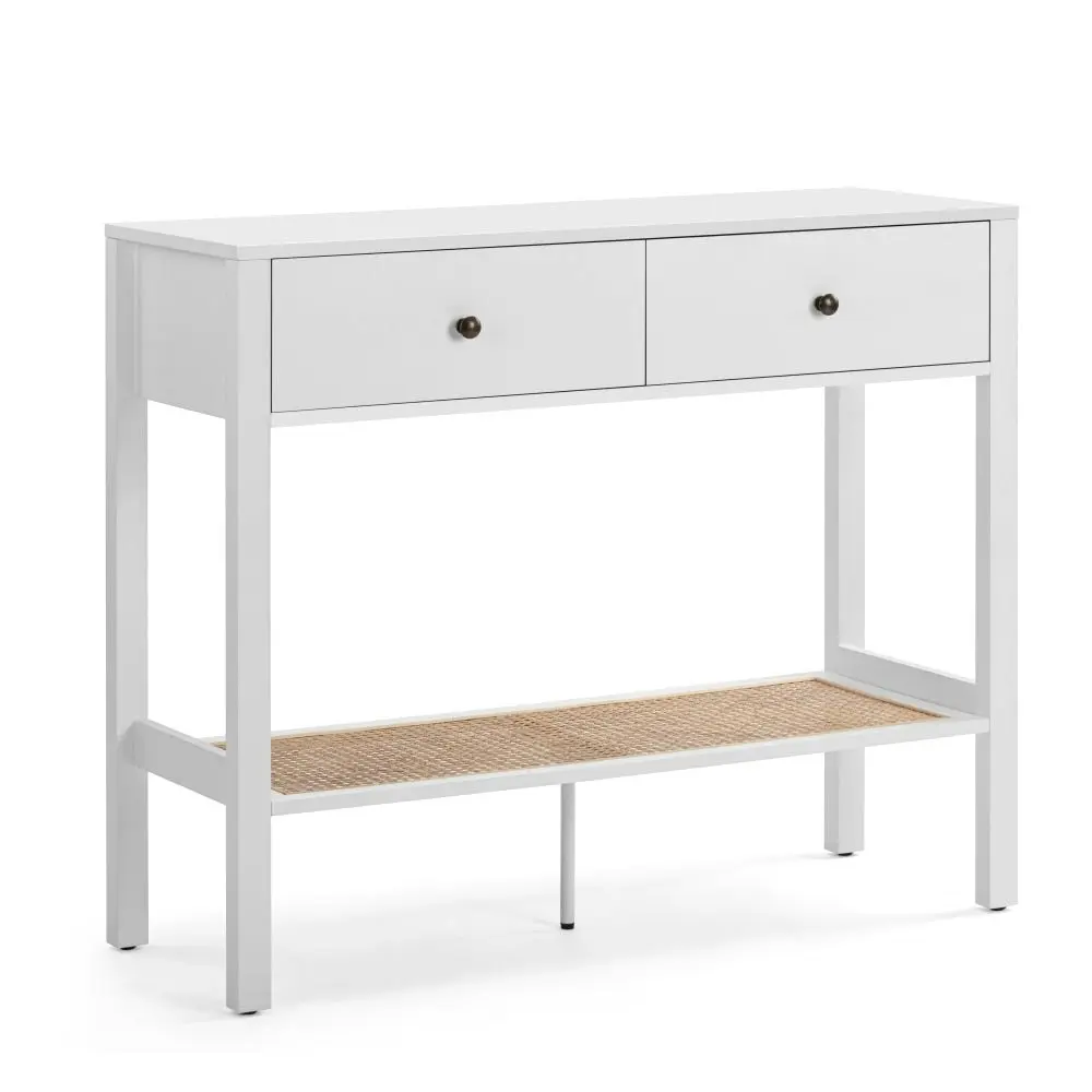 Design Square Azriel Wooden Hallway Console Hall Table W/ 2-Drawers - White/Rattan