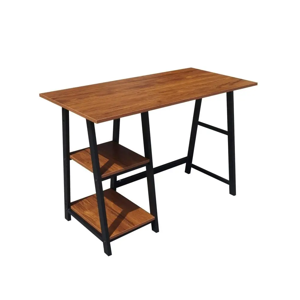 Design Square Office Study  Writing Computer Desk Metal Frame W/ 2 Storage Shelves - Light Walnut